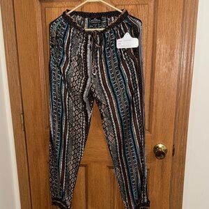 Angie Boho Striped Peasant Top in Teal, Black & Brown